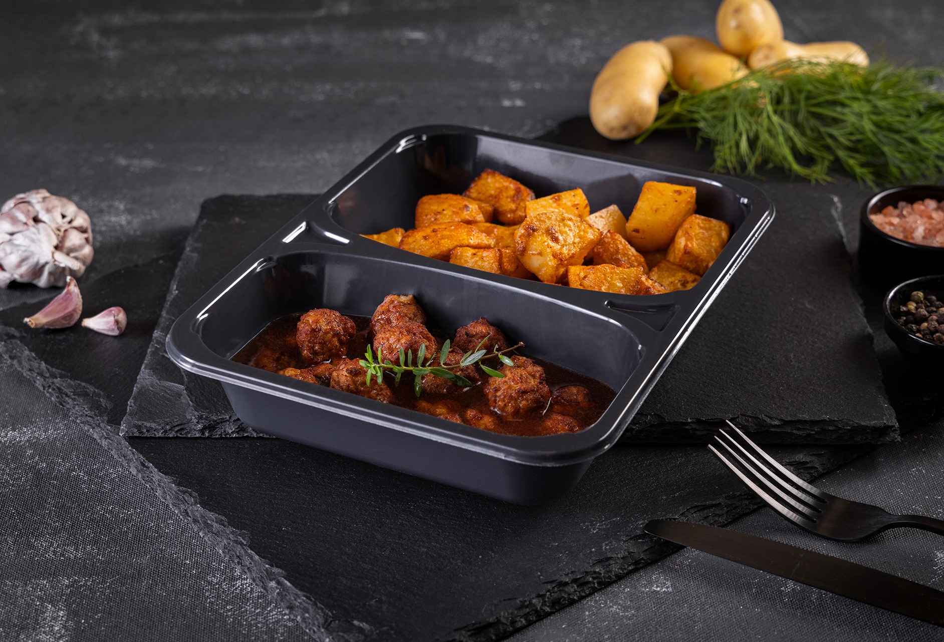 Meatballs, Patatas bravas with dill sauce
