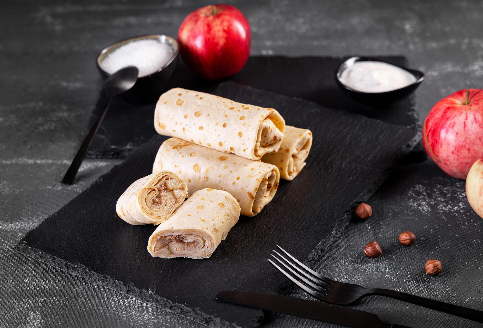 Pancakes with apple, hazelnut, and truffle filling