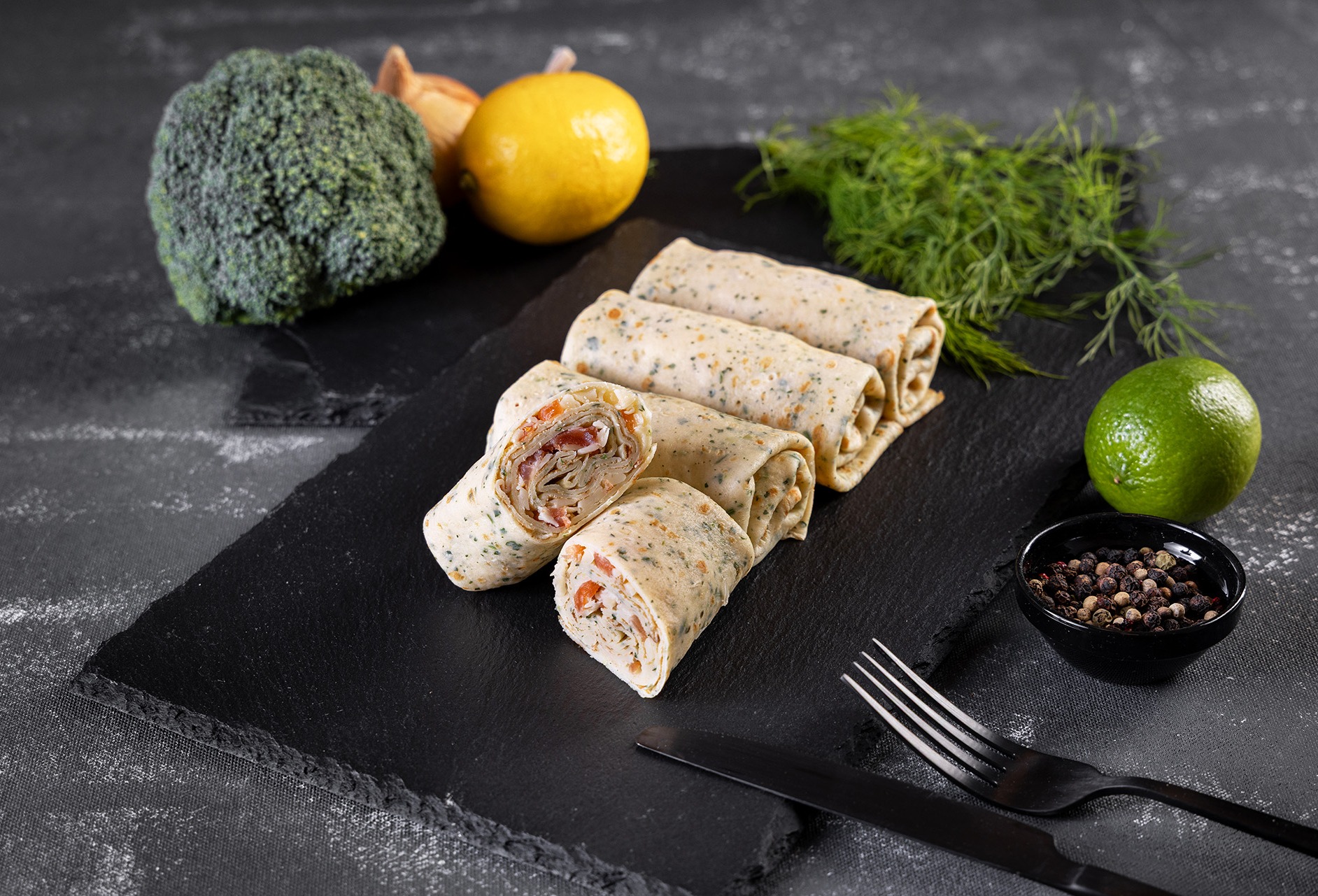 Pancakes with broccoli, smoked salmon and cheese